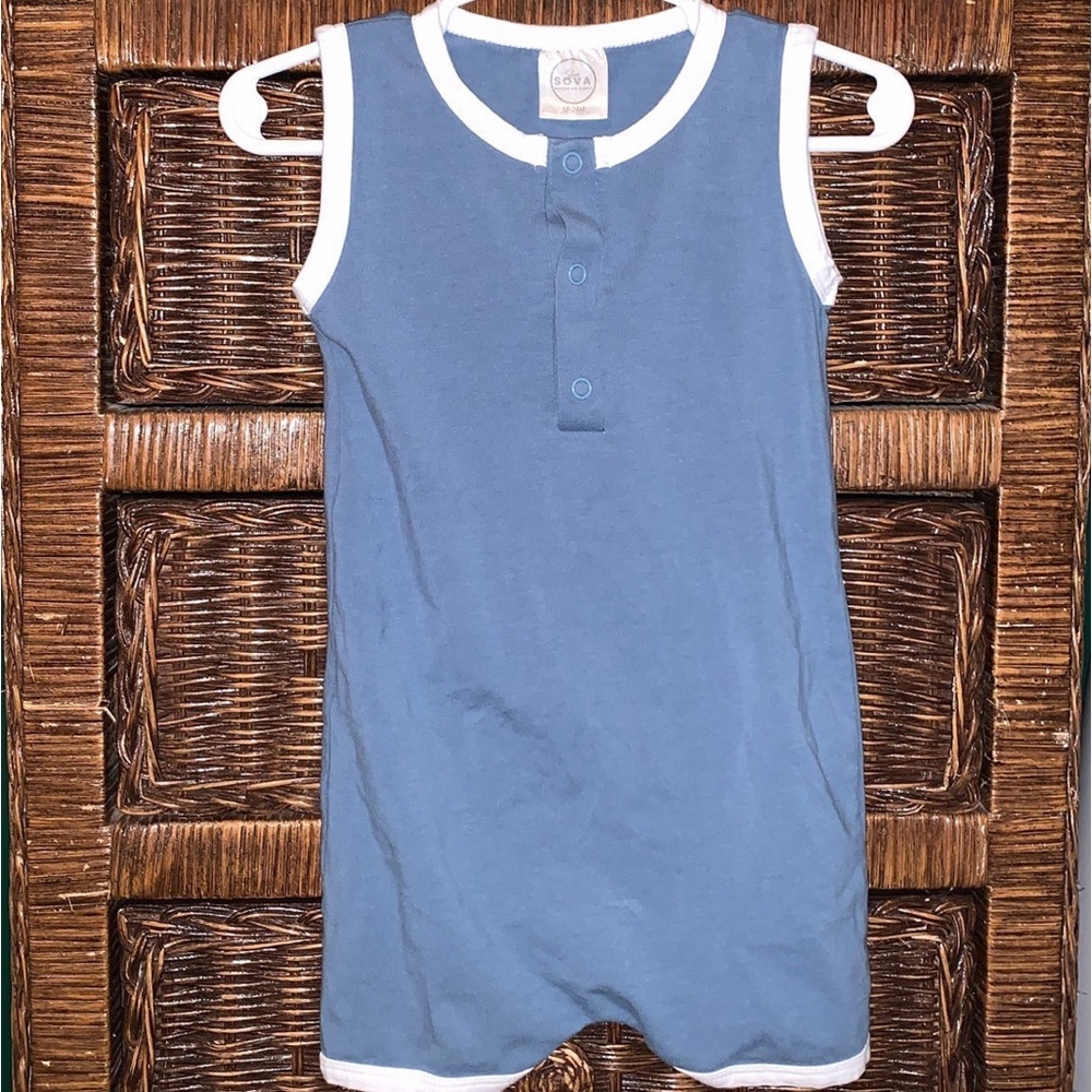 Sova organic cotton blue white trim sleeveless pull-on shortie, Size 18-24m